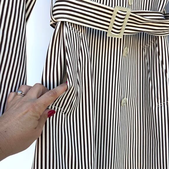 Vintage Ralph Lauren Pinstripe Brown Neutral Belted Trench Coat Large Preppy - Picture 10 of 12